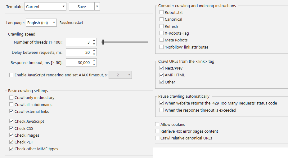 Crawling Settings window