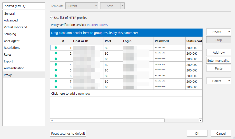 Proxies settings View