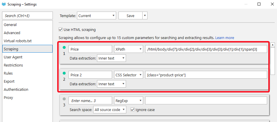 Scraping Settings View