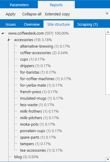 Netpeak Spider Site Structure Tab