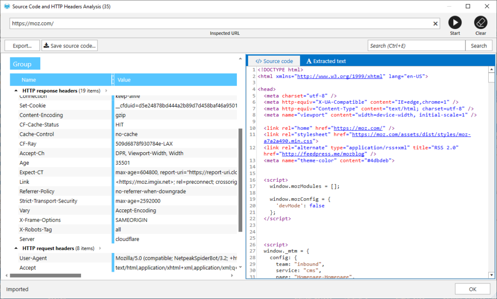 Netpeak Spider Source Code and HTTP Headers Analysis