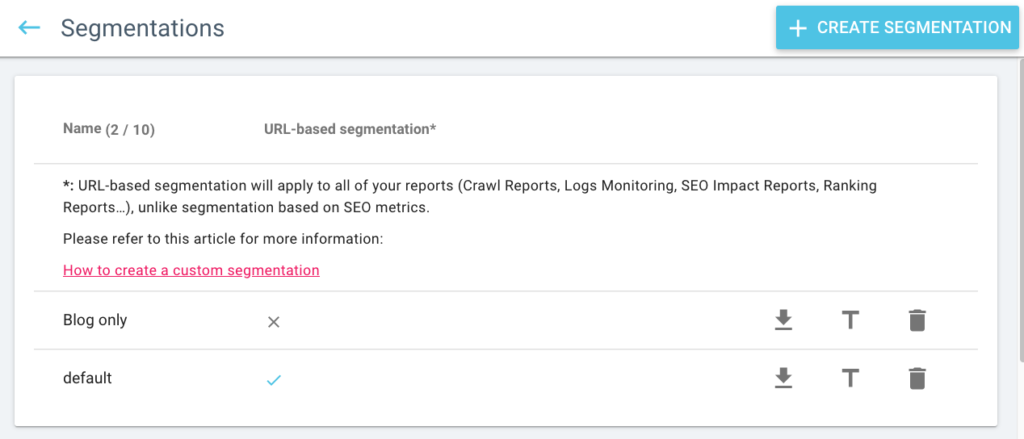 OnCrawl: Segmentation