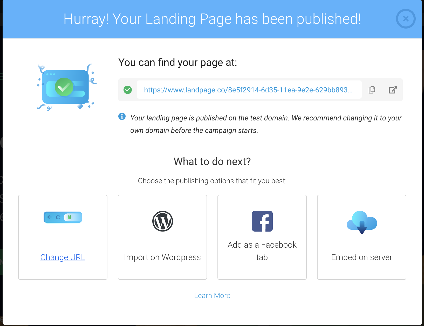 Further options after publication your landing page 