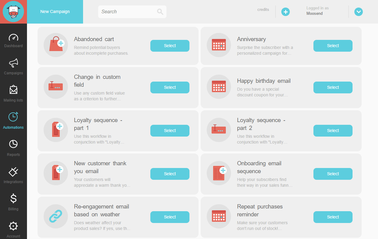 Moosend automated workflows recipes