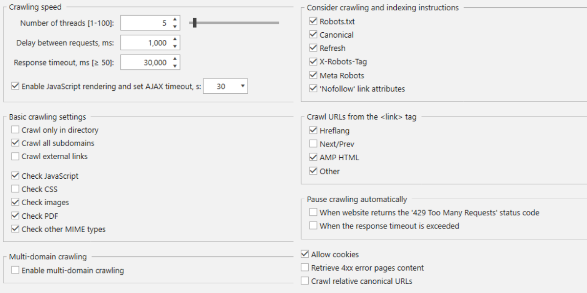 Crawling Settings Advanced Options