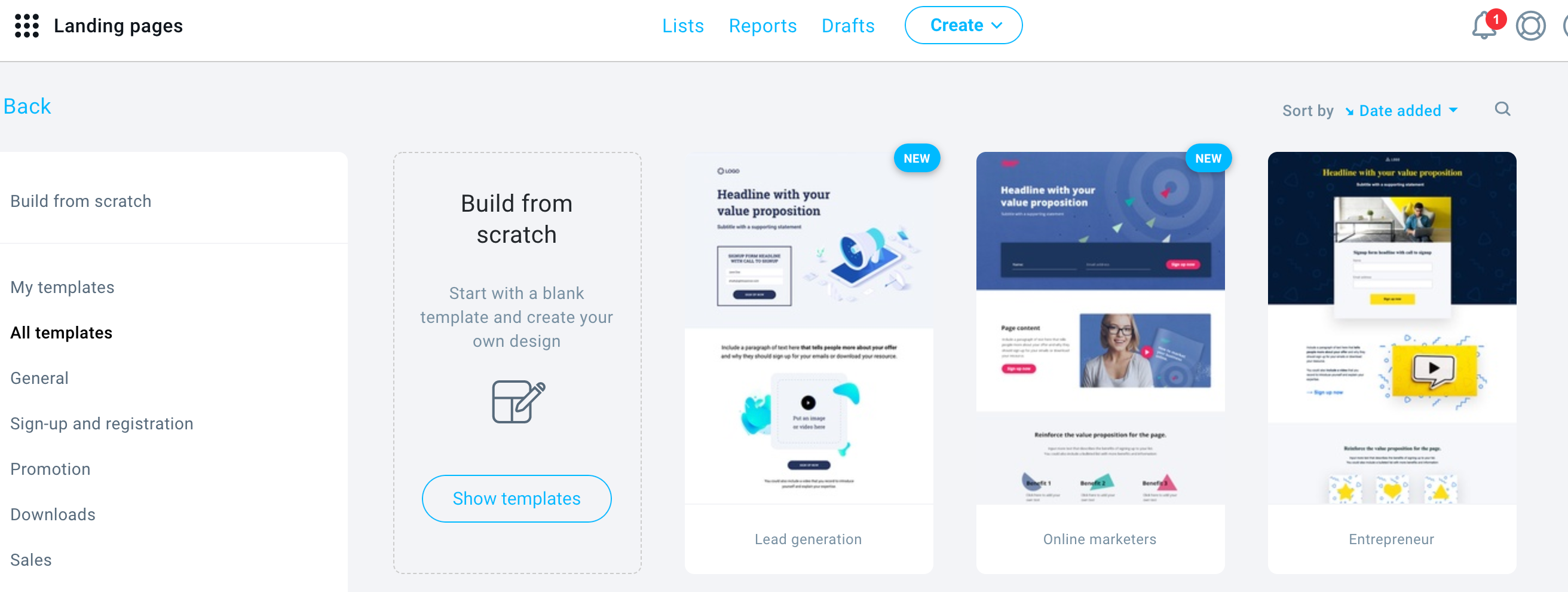 GetResponse Landing page creator