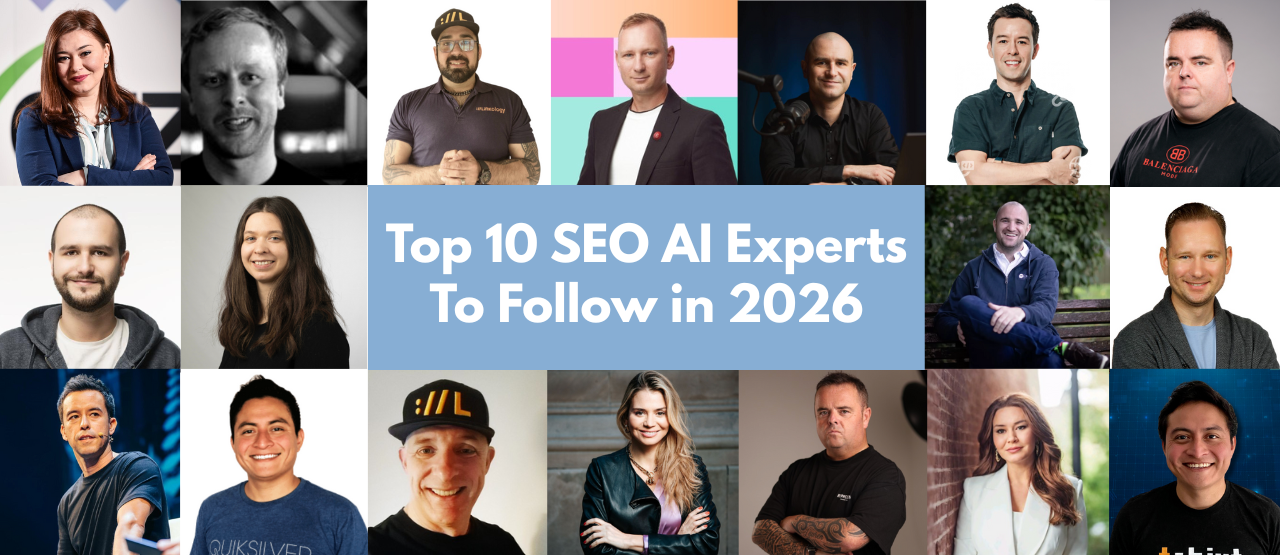Collage of leading SEO and AI experts featured in the article “Top 10 SEO AI Experts To Follow in 2026.”